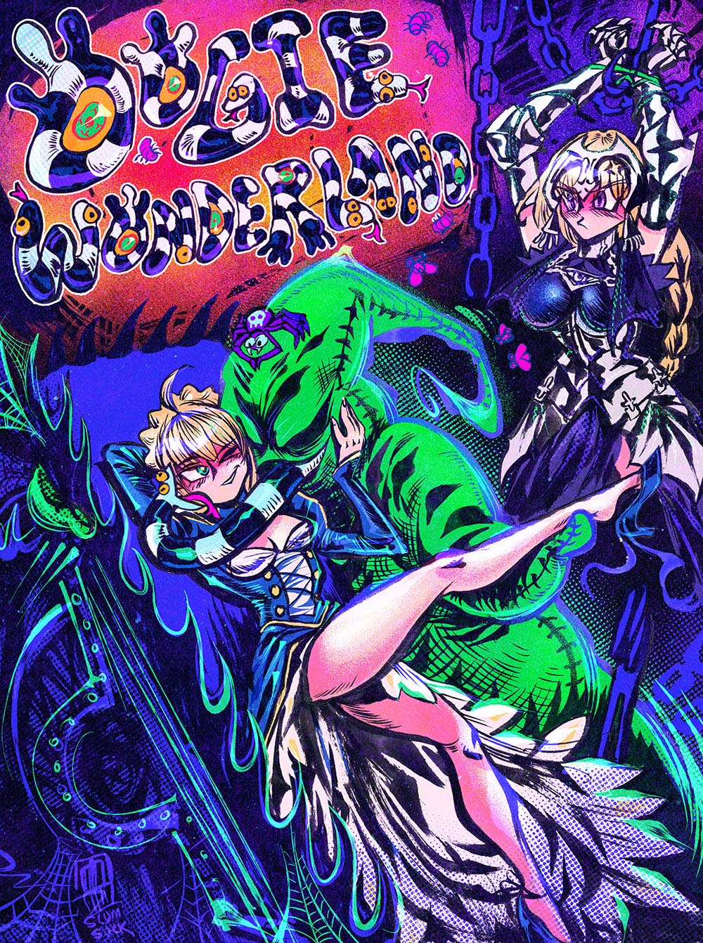 Cover illustration, titled Oogie Wonderland.  Oogie is holding saber's leg up while her heel dangles off her foot, and his tongue around her neck licking her face.  Saber flirts back, holding his face.  Jeanne is in the background pouting and chained.